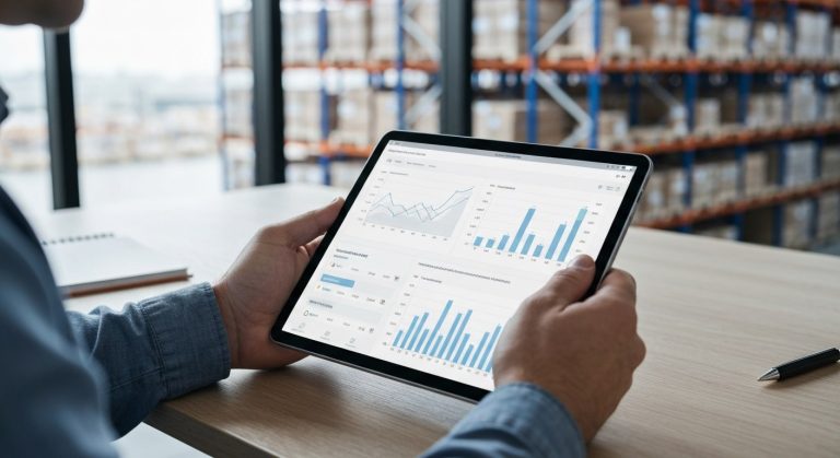 Close-up of a warehouse manager's hands using a tablet to monitor financial data in a warehouse office.