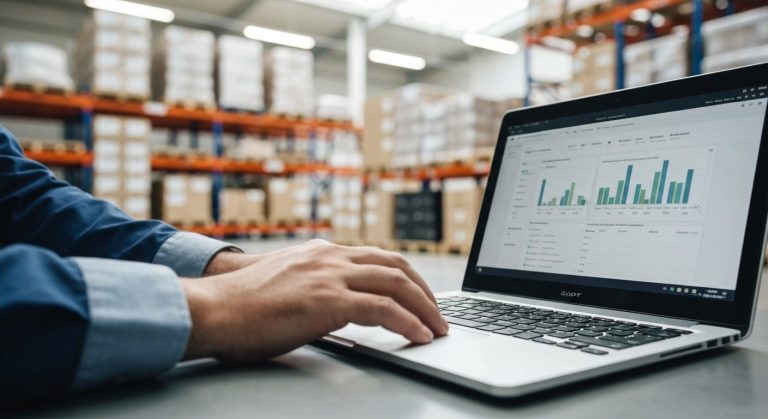 Warehouse manager using a laptop in a distribution center with organized inventory shelving in the blurred background.