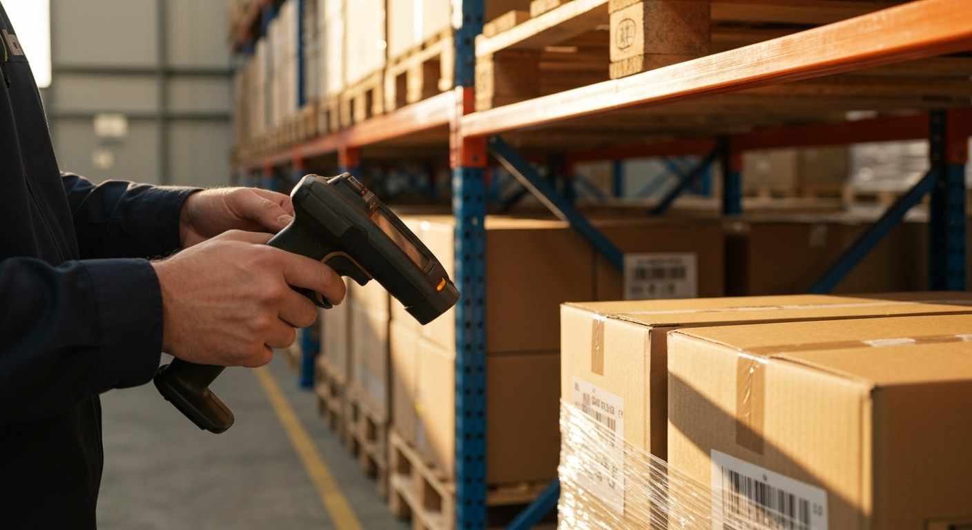 Inventory Management and RF Scanning Close-up of a person's hands using an RF scanner on a pallet of goods in a sunlit warehouse.