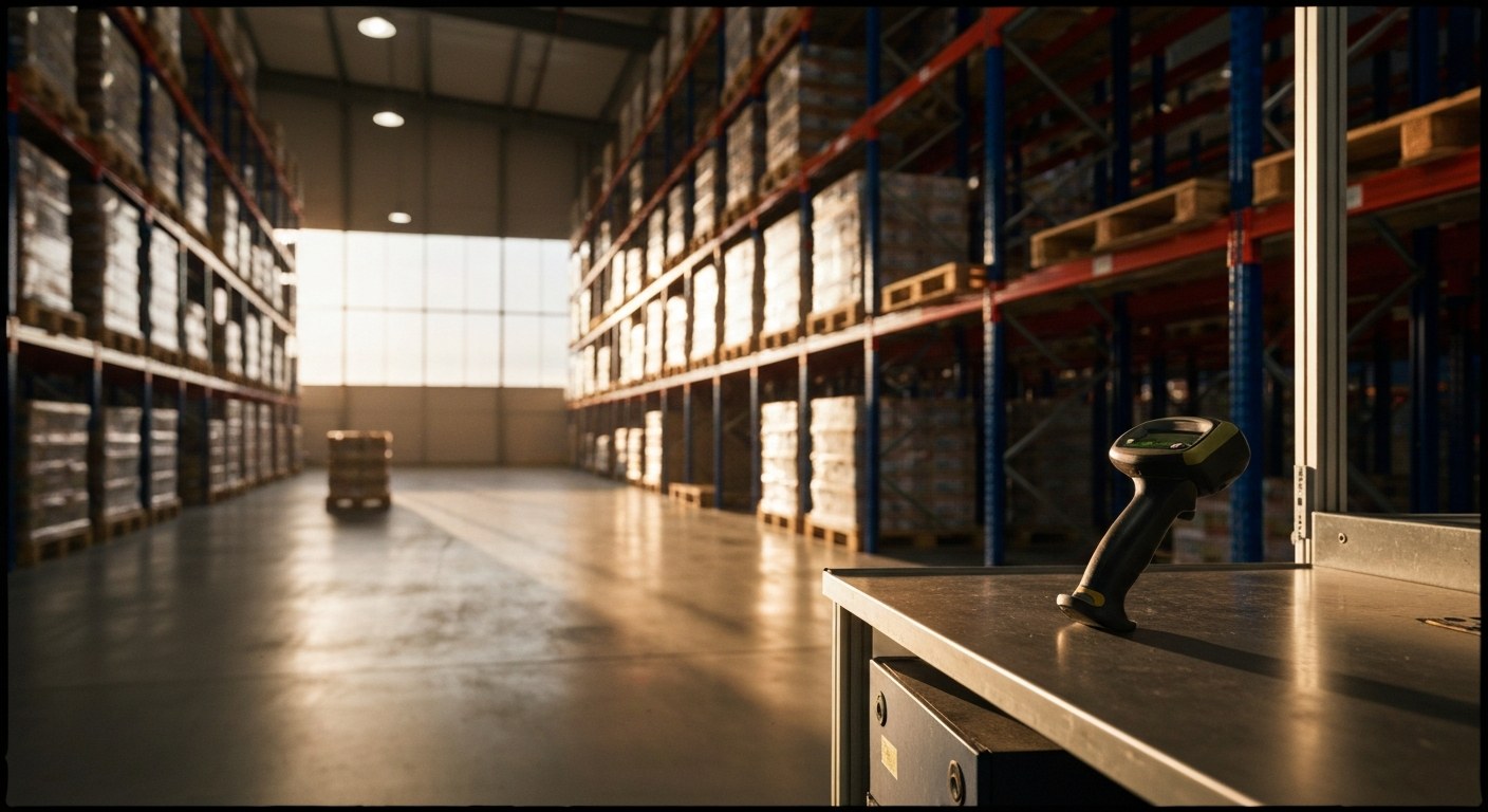 Interior of an organized warehouse with shelving units