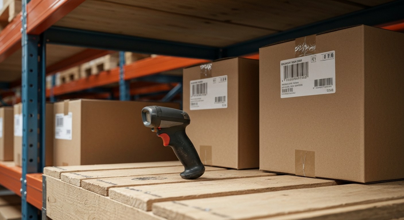 A barcode scanner sits on a wooden crate next to stacked boxes on industrial warehouse shelving.