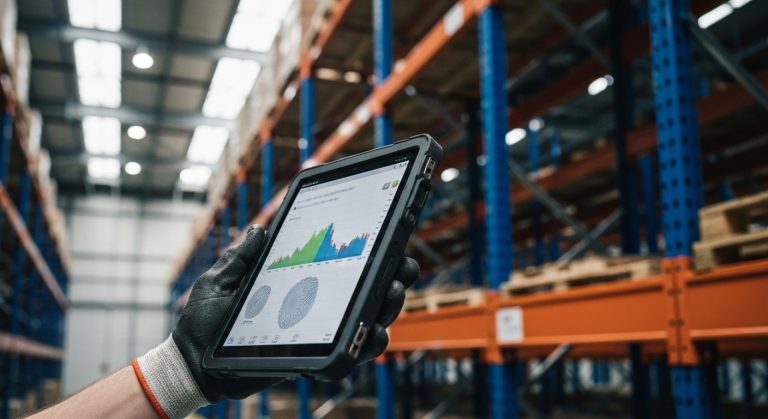 A hand holds a rugged industrial tablet displaying inventory data charts inside a large warehouse with steel racks.