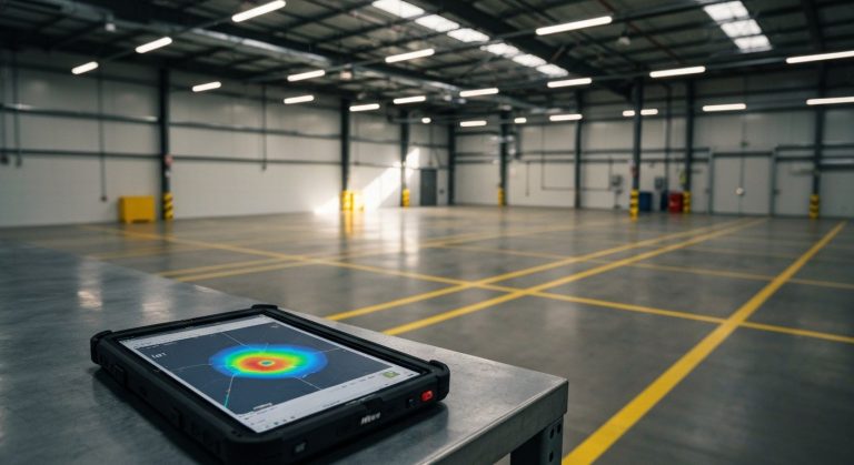 An industrial tablet on a workbench showing a warehouse heatmap layout with a blurred background of a modern facility.