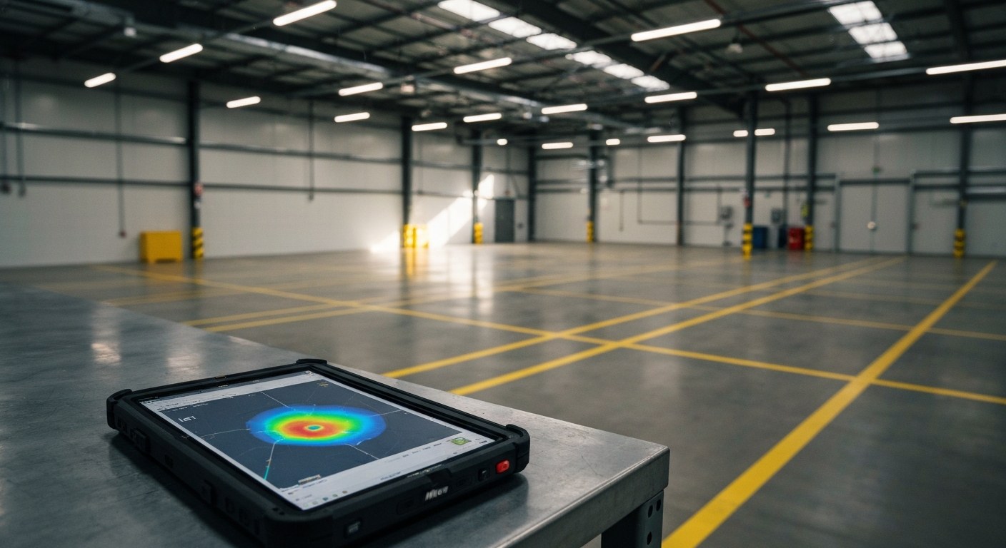 An industrial tablet on a workbench showing a warehouse heatmap layout with a blurred background of a modern facility.
