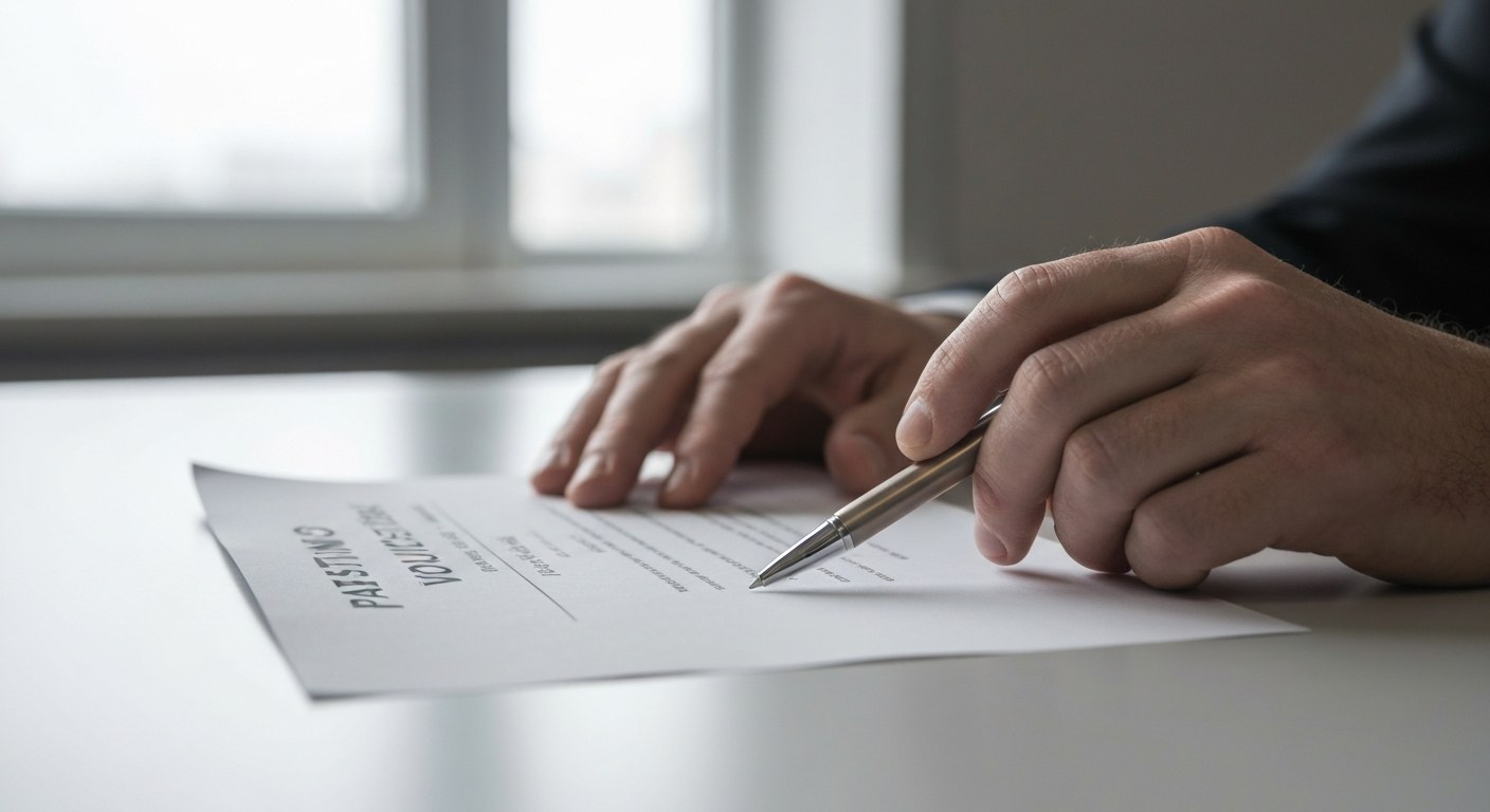Warehouse Employment Drug Test Voucher Close-up of a person's hands holding a paper document and a pen on a desk in natural window light.