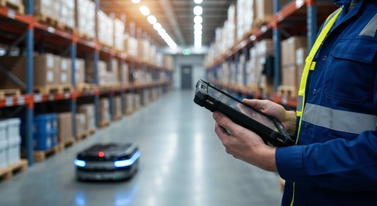 A warehouse lead holding a digital tablet in a modern distribution center with a blurred robot in the background.