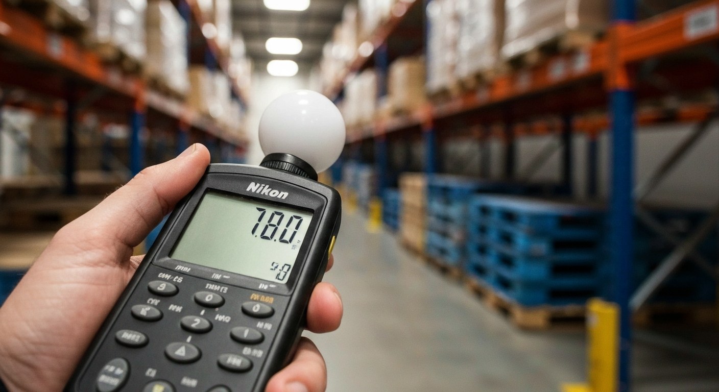 Measuring Warehouse Foot Candles A technician holds a digital light meter in a warehouse aisle to measure foot candles for lighting compliance.