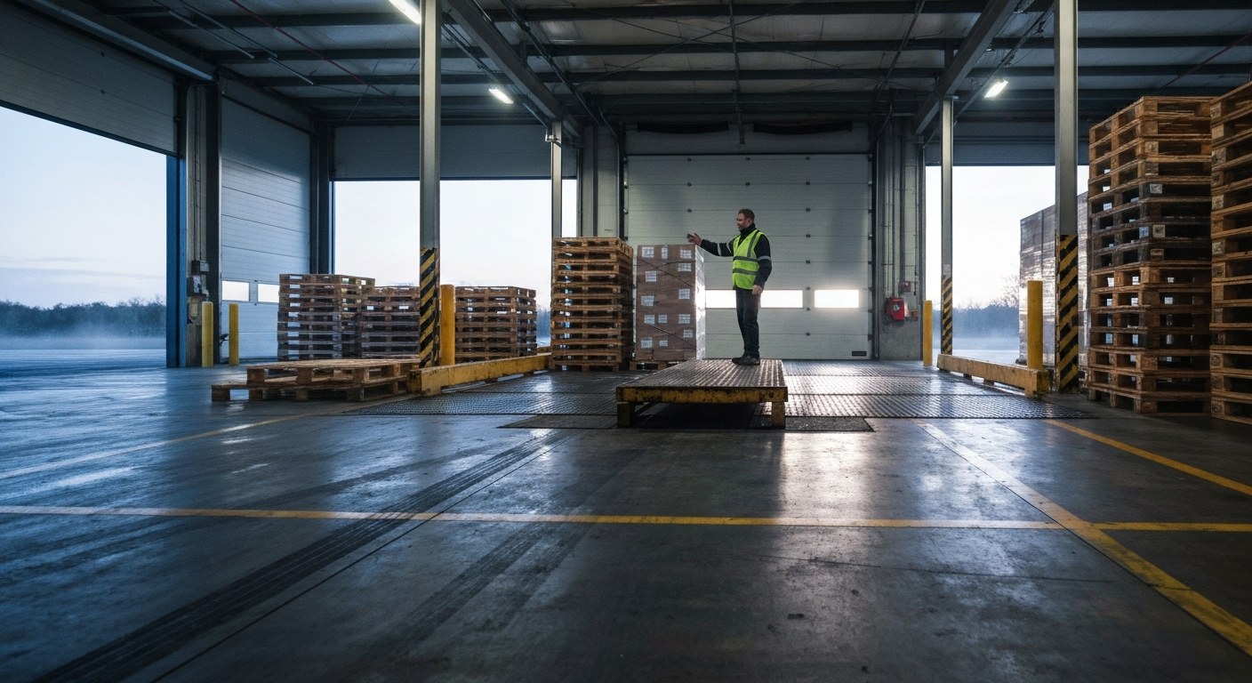 Warehouse Loading Dock Logistics and Freight Management Warehouse worker in a high-visibility vest stands on a concrete loading dock next to wooden pallets and a dock leveler.
