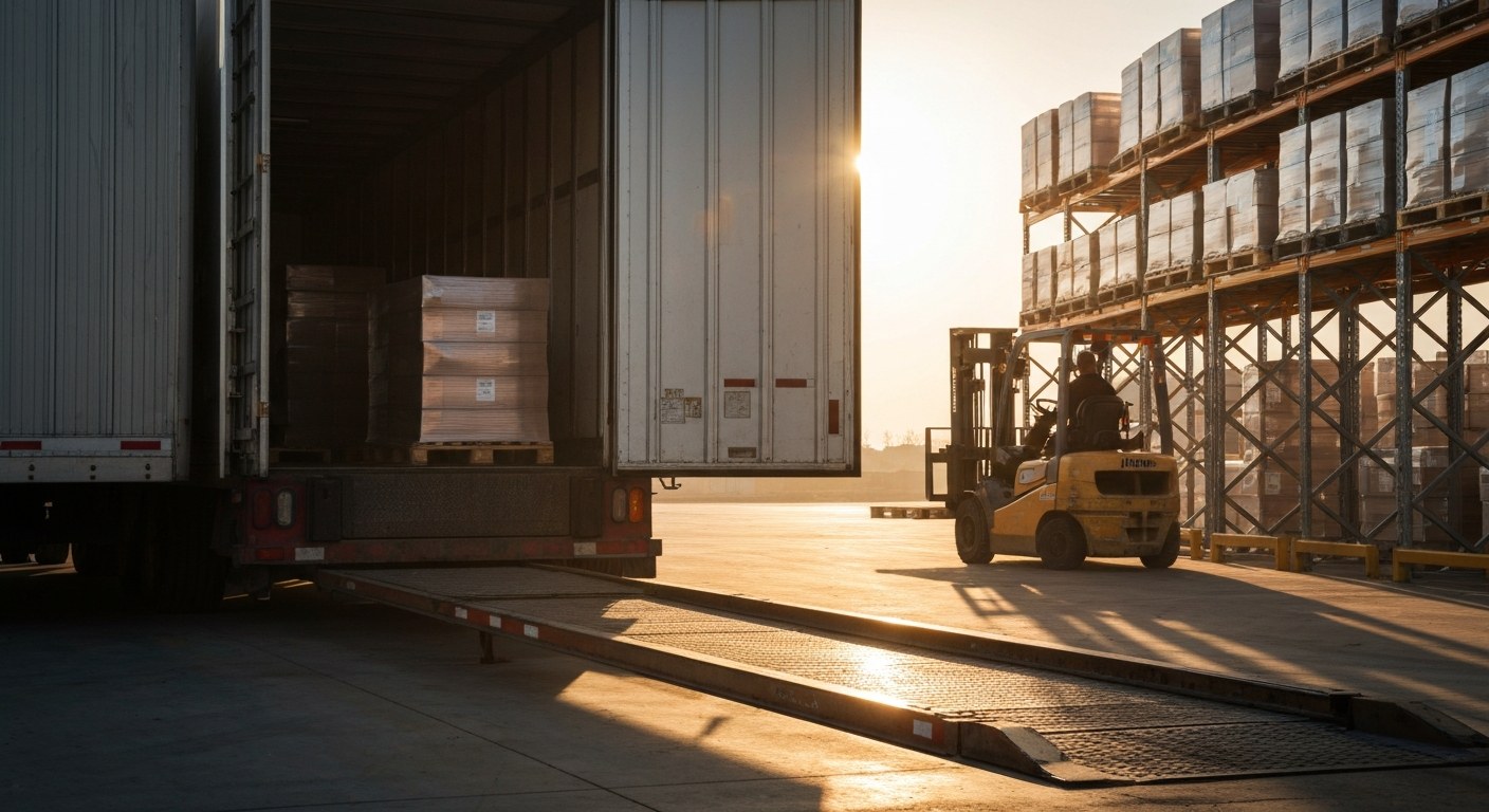 A sunlit warehouse loading dock with a forklift moving pallets into a shipping container.