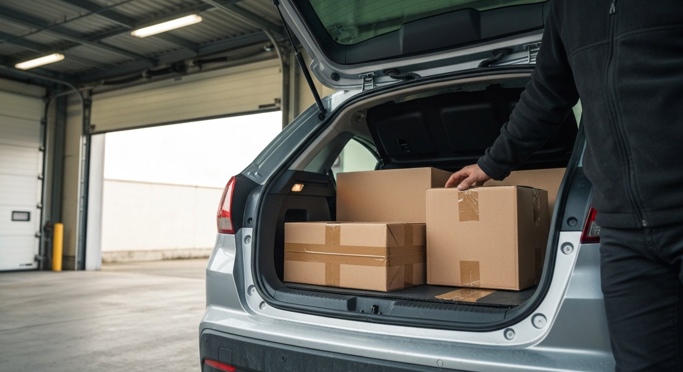 The open trunk of a silver car packed with cardboard delivery boxes at a warehouse loading dock during the morning.