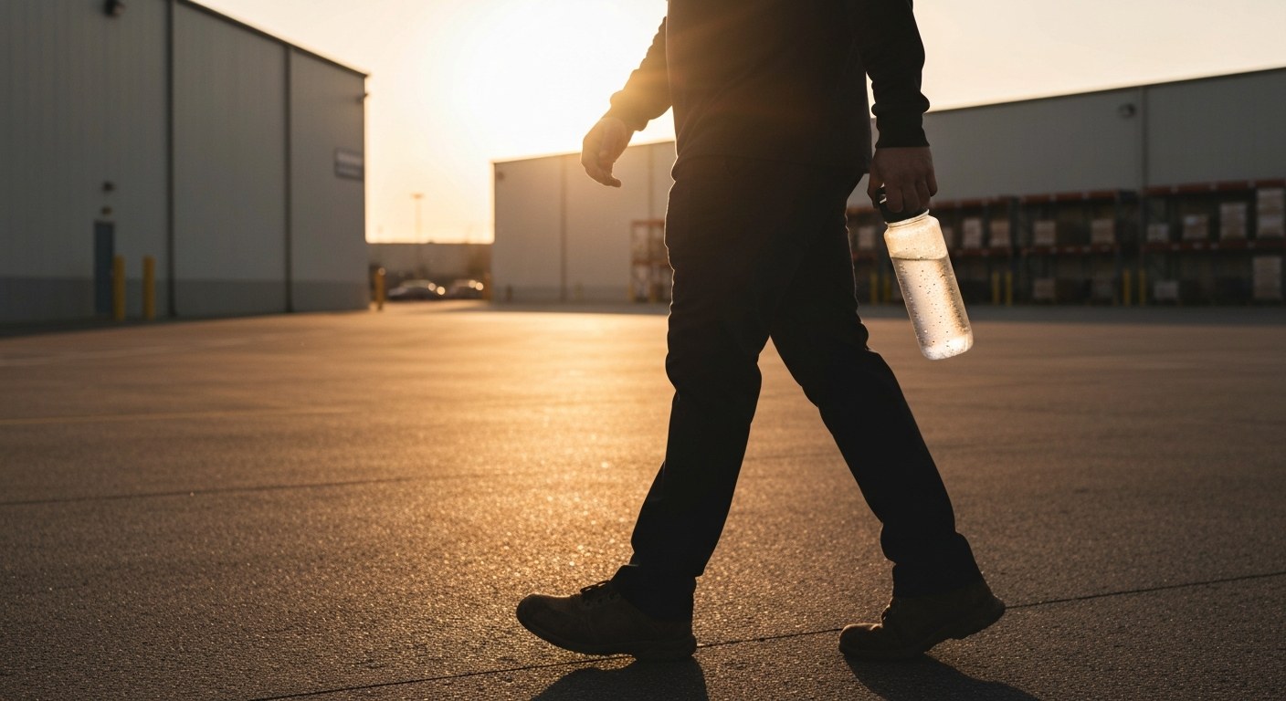 A warehouse employee walks through a parking lot during sunset after finishing a shift at a logistics hub.