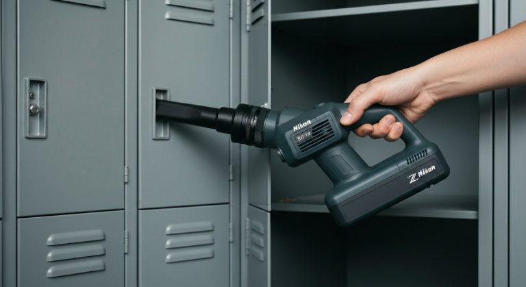 A handheld cordless vacuum cleaning the inside of a grey metal warehouse locker with dust particles visible.