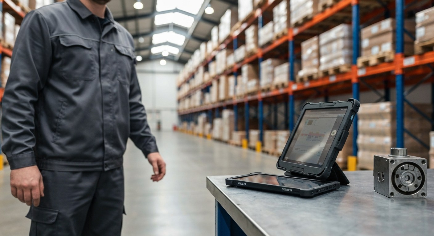 Business Process Selection in Modern Warehousing A warehouse worker in a grey uniform using a rugged tablet near metal shelving and concrete floors.