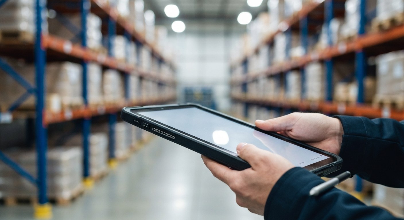 Modern Warehousing Logistics Technology A close-up of a person's hand holding a tablet in a modern, blurred warehouse setting with soft industrial lighting.