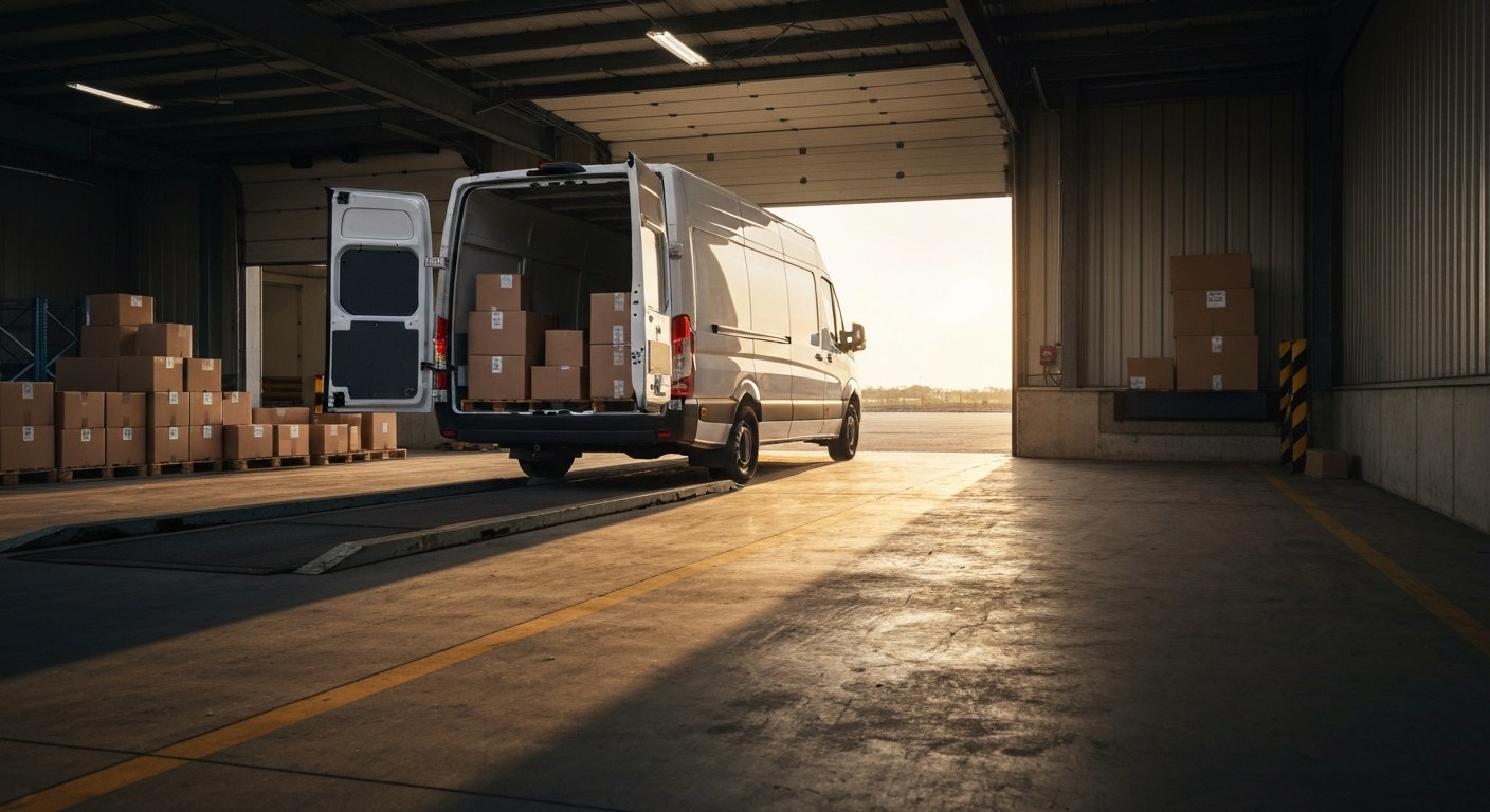 A white delivery van parked at a warehouse loading dock with packages visible inside the open rear doors.