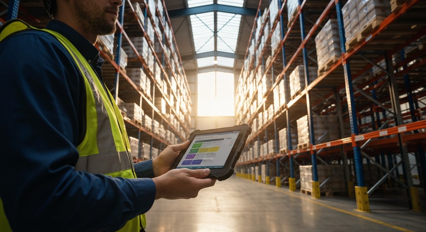 Modern Warehouse Logistics Management Logistics manager holding a tablet in a large modern warehouse with high steel shelving and golden hour sunlight.