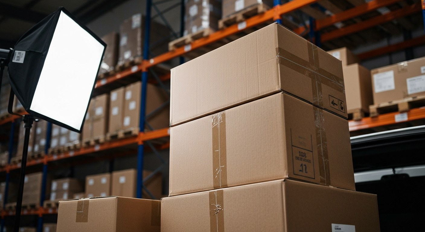 Stacks of cardboard shipping boxes being loaded for delivery in a warehouse.