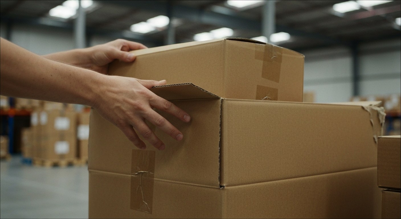 A warehouse worker lifting a smaller product box out of a larger shipping carton in a logistics facility.
