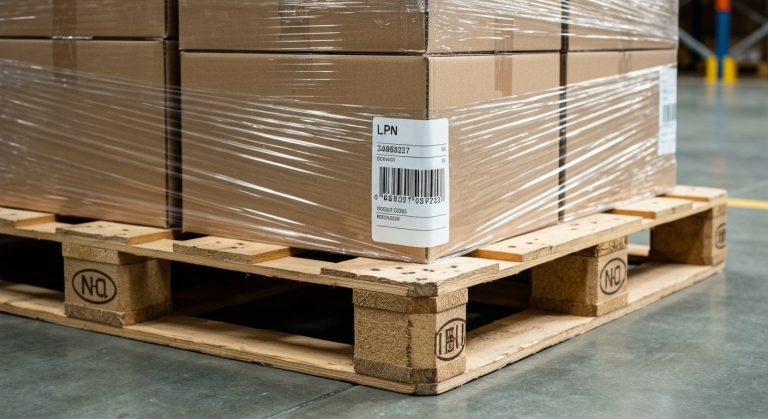 A wooden pallet loaded with boxes in a bright warehouse, featuring a prominent white LPN barcode label on the side.