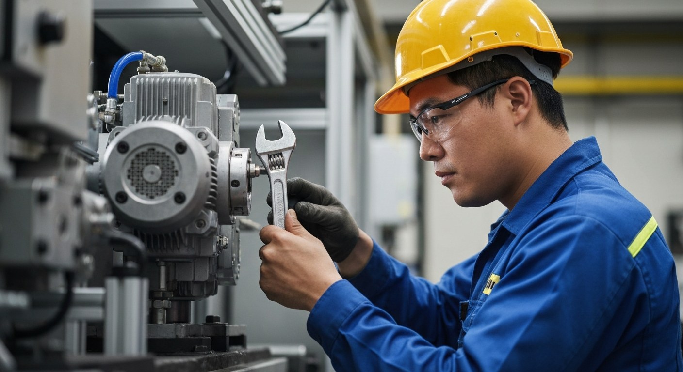 Warehouse Maintenance Technician Repairing Systems A maintenance technician uses a wrench to adjust a complex automated motor system on a warehouse conveyor.