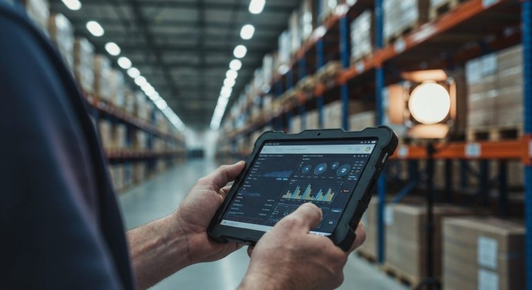 Close-up of a worker holding a digital tablet showing warehouse analytics in a modern fulfillment center.