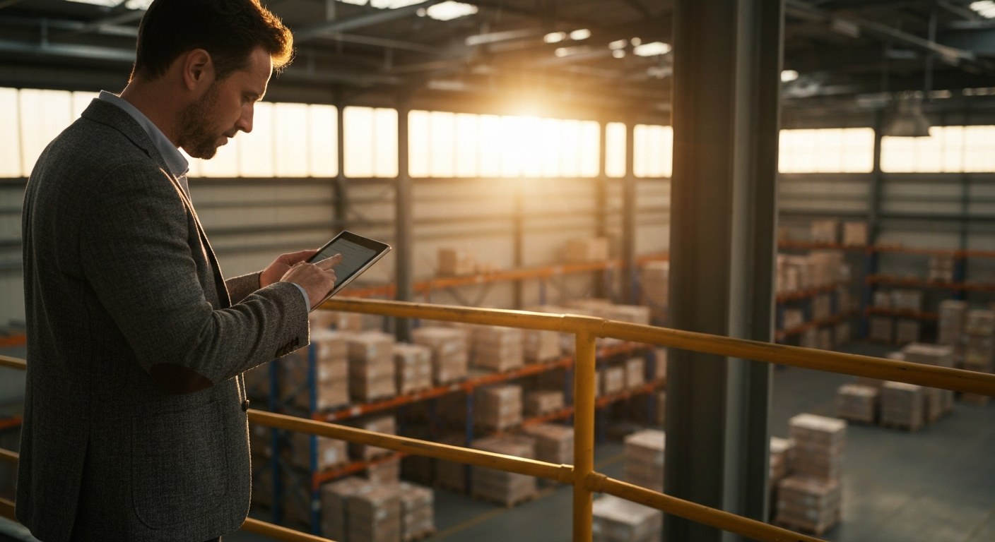 Data-Driven Warehouse Management Strategy A manager standing on a warehouse mezzanine balcony holding a tablet during golden hour.