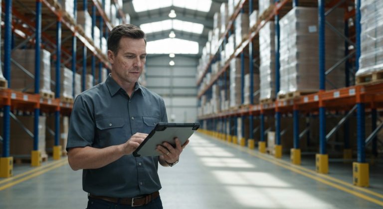 Warehouse manager reviewing real-time data on a tablet in a busy distribution center.