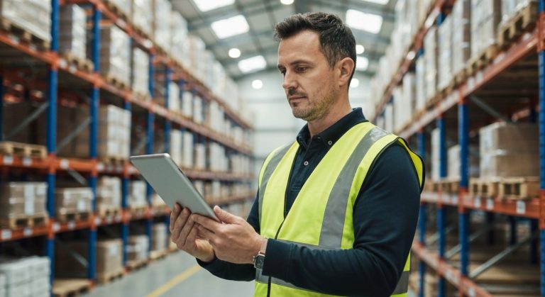 Inventory Management 101 (Expert 2026 Guide) 5 Warehouse manager reviewing inventory on a digital tablet in a modern, organized distribution center.