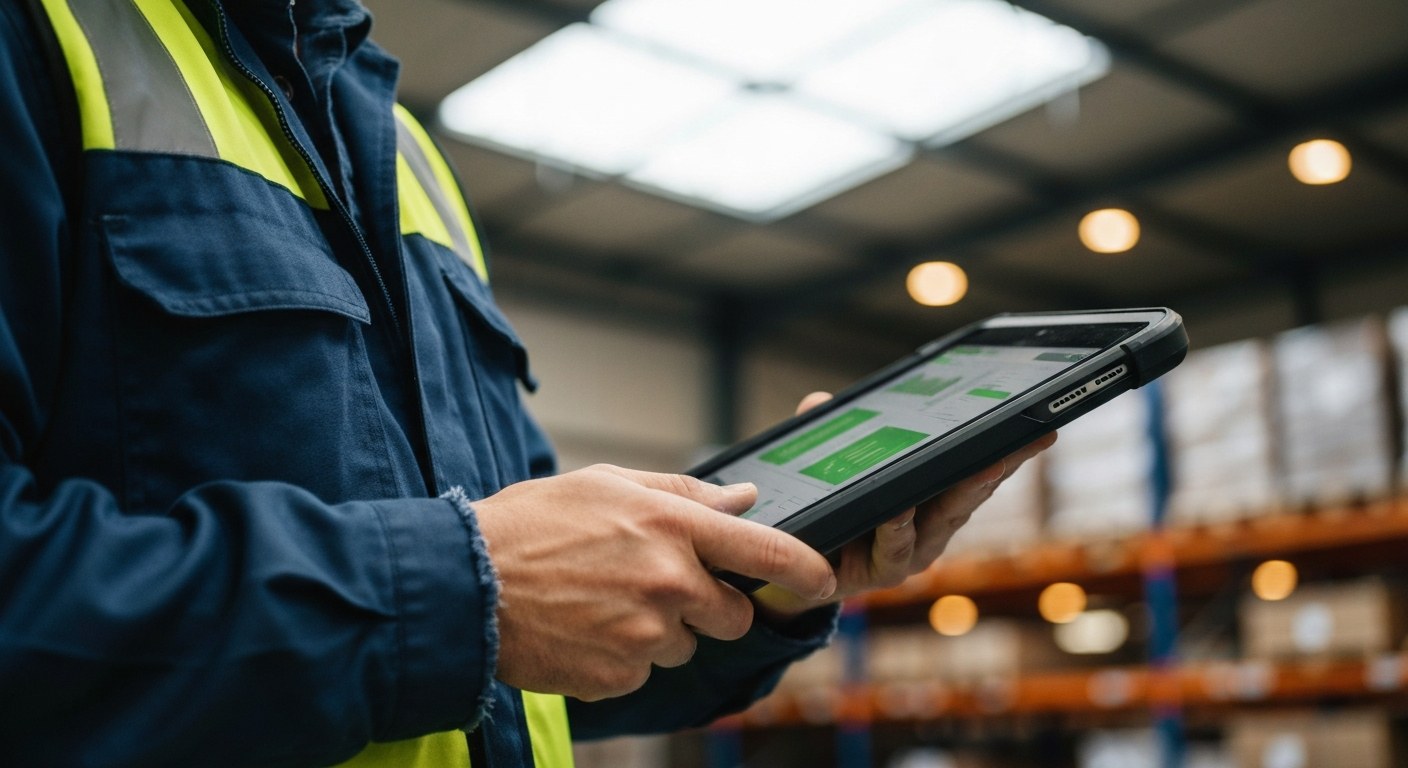 A warehouse manager in a high-visibility vest reviews performance data on a rugged tablet within a modern logistics facility.
