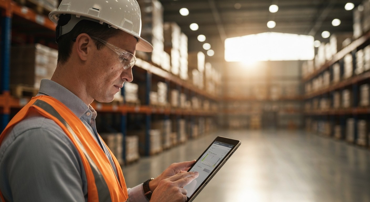 Warehouse Energy Code Compliance A warehouse manager reviews lighting energy compliance on a tablet under mixed natural and LED light.