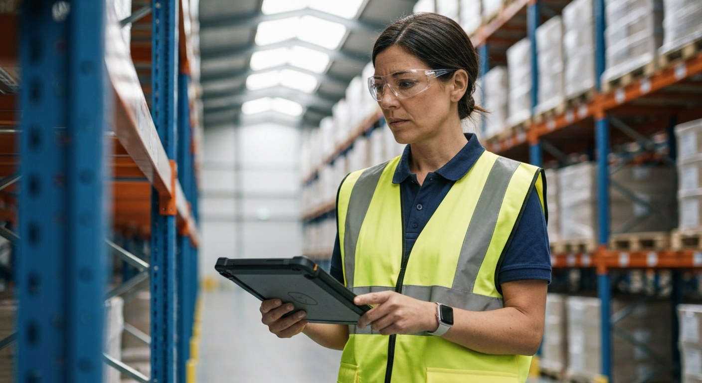 Modern Warehouse Inventory Management Strategy A warehouse manager in a safety vest holding a tablet computer while overlooking a clean, organized logistics facility.