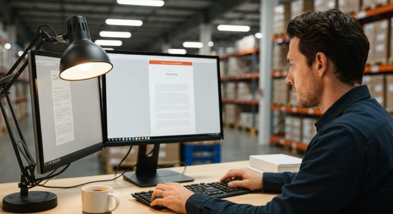 A logistics manager reviews a warehouse job application on a computer screen in a modern distribution center office.