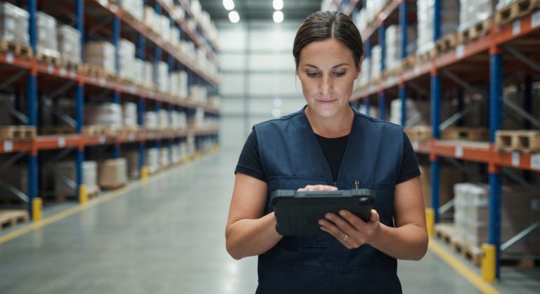 Inventory Management Guide (5-Min Setup) 7 A warehouse manager in a navy vest reviews inventory data on a tablet in a modern, sunlit logistics center.