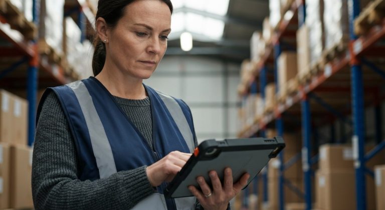 A female warehouse manager in a navy vest looking at a rugged tablet in a brightly lit, organized warehouse aisle.