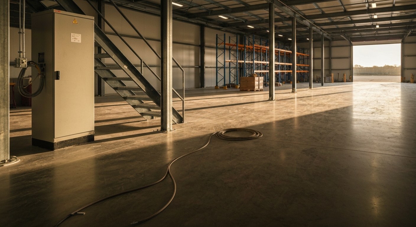 Warehouse Mezzanine and Utility Fit-out Interior view of a warehouse under construction showing a new mezzanine floor and electrical installations in golden light.