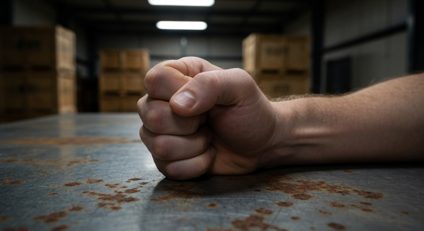 Tense Warehouse Negotiation Detail Close-up of clenched hands on a rusted metal table under harsh industrial lighting in a dark room.
