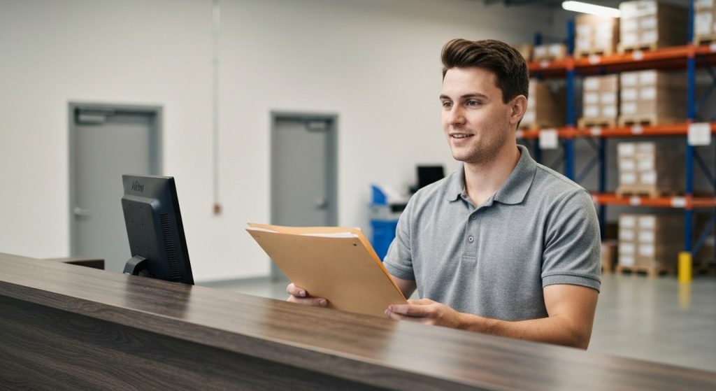 A job candidate in a polo shirt checks in at a bright, modern warehouse reception desk while holding a paper folder.