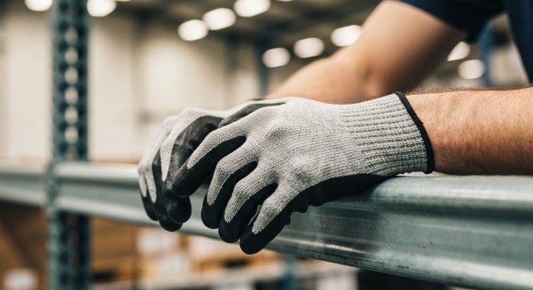 A close-up of a worker's hands in nitrile-coated gloves resting on a metal shelf in a warehouse.
