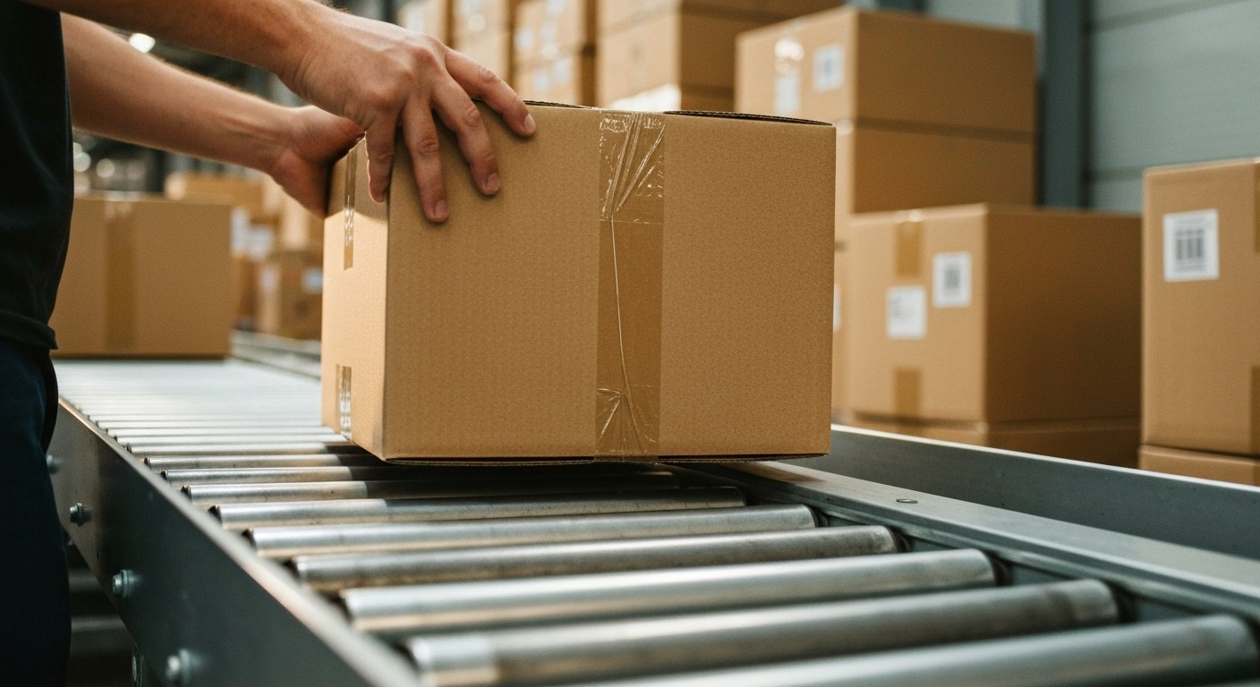 Warehouse Order Filler at Work Close-up of a worker's hands moving a cardboard box onto a motorized conveyor belt in a logistics facility.
