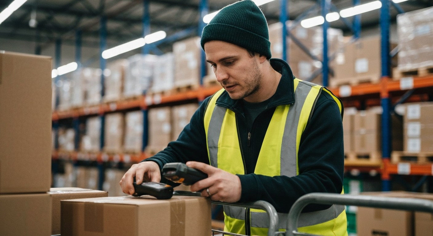 A focused warehouse worker in a high-vis vest scans a package on a metal cart in a quiet distribution aisle.