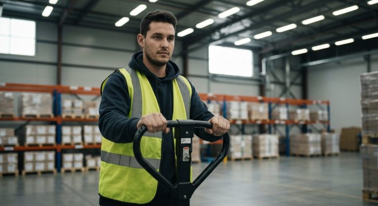 A warehouse worker in a neon safety vest operates an electric pallet jack between rows of tall industrial shelving units.
