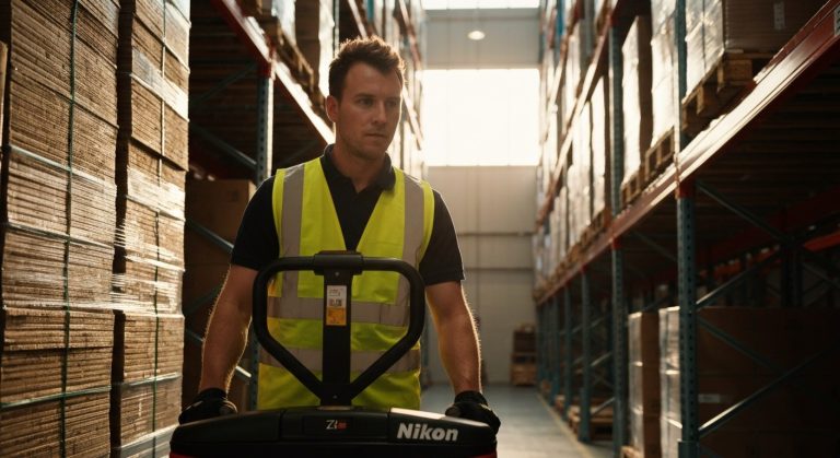 A warehouse worker in a safety vest operates a pallet jack in a sunlit industrial aisle with stacked boxes.