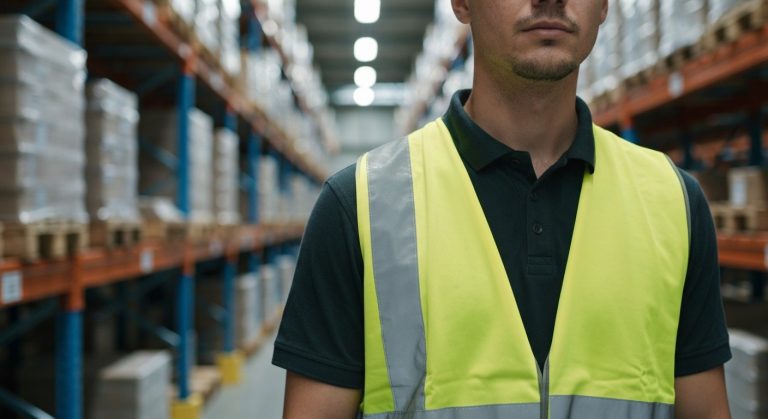 Warehouse order selector wearing high-visibility vest standing in a modern distribution center aisle.