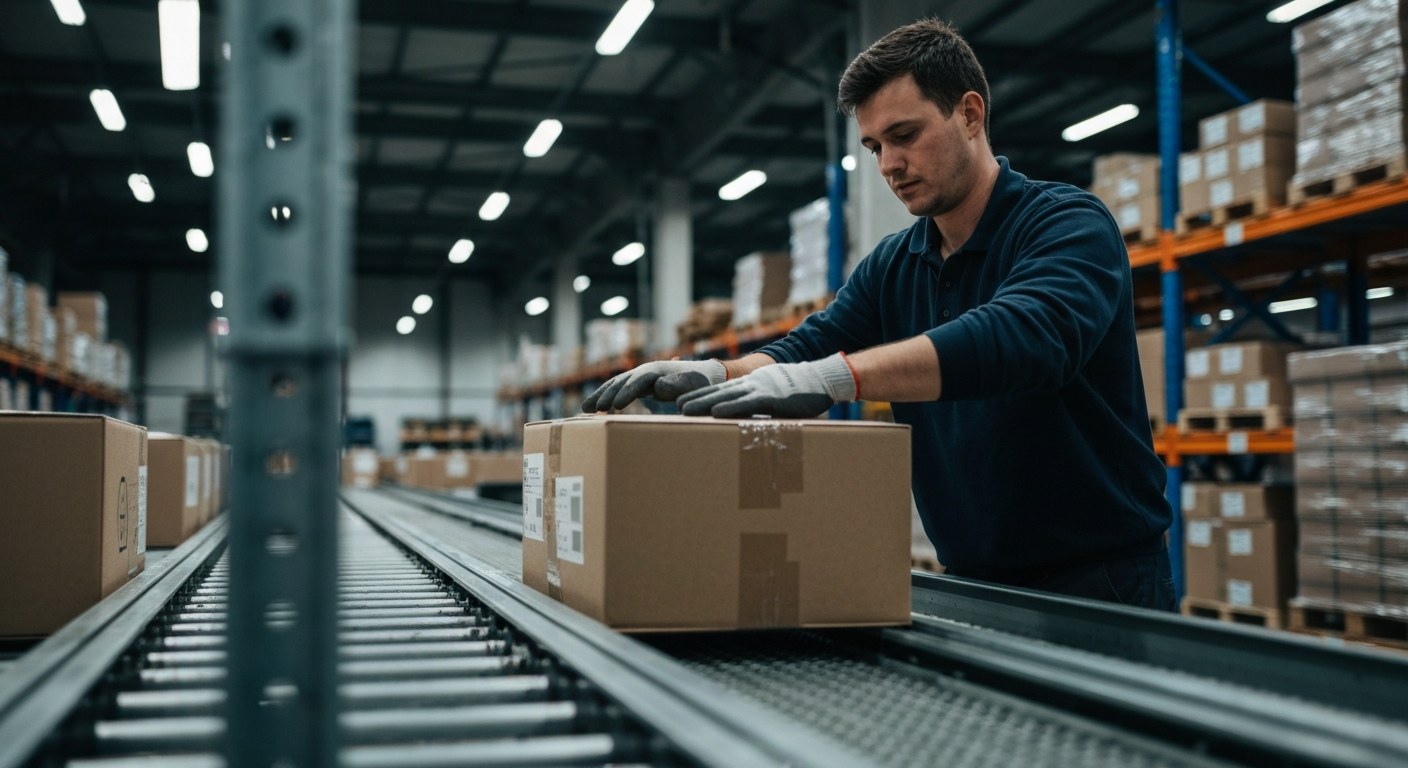 Warehouse worker sorting boxes on a conveyor belt under industrial lighting during a night shift.