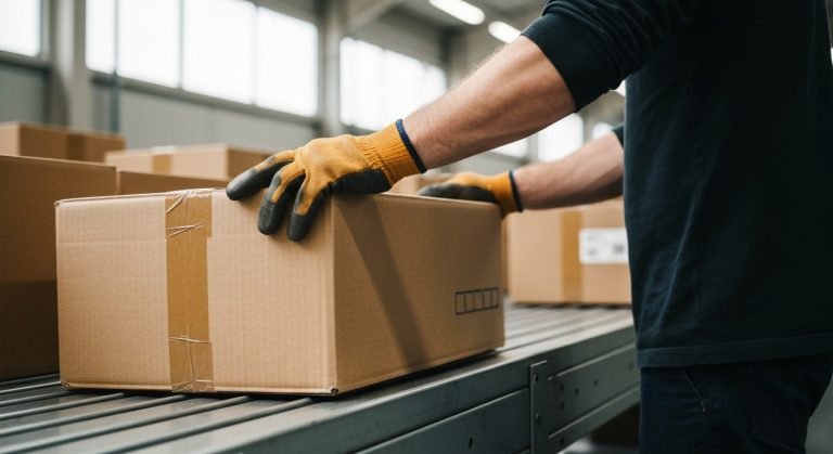 A close-up photo of a warehouse worker's hands in gloves moving a large cardboard box on a conveyor belt.