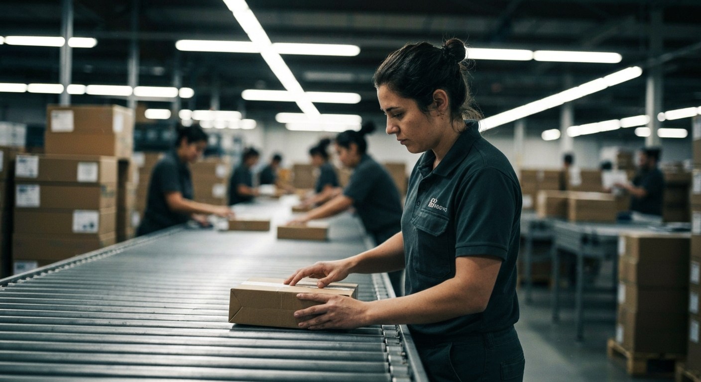 Early Morning Warehouse Package Sorting A package handler in a dimly lit warehouse scanning a box on a conveyor belt, surrounded by other workers and stacks of packages.