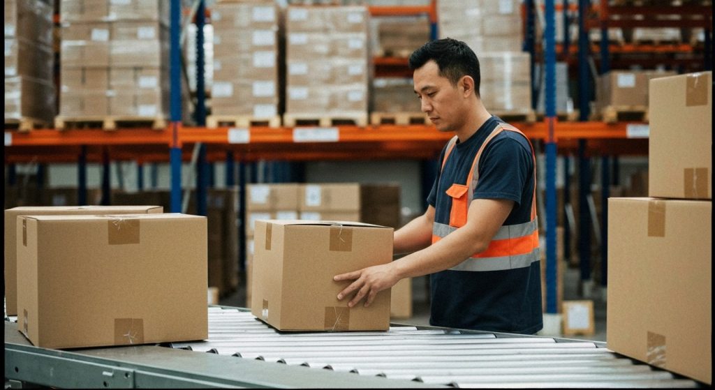 A warehouse worker in a high-visibility vest sorts cardboard packages on a metal conveyor belt in a large facility.