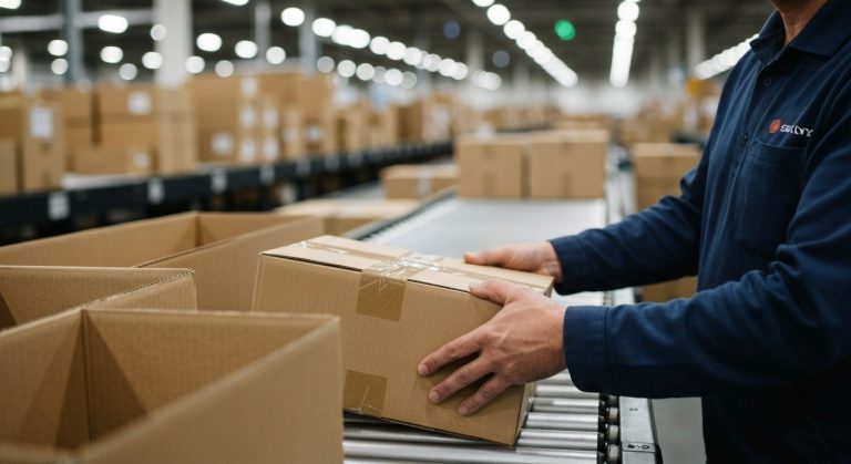 Close-up of a logistics worker's hands placing a shipping box on a warehouse conveyor belt.