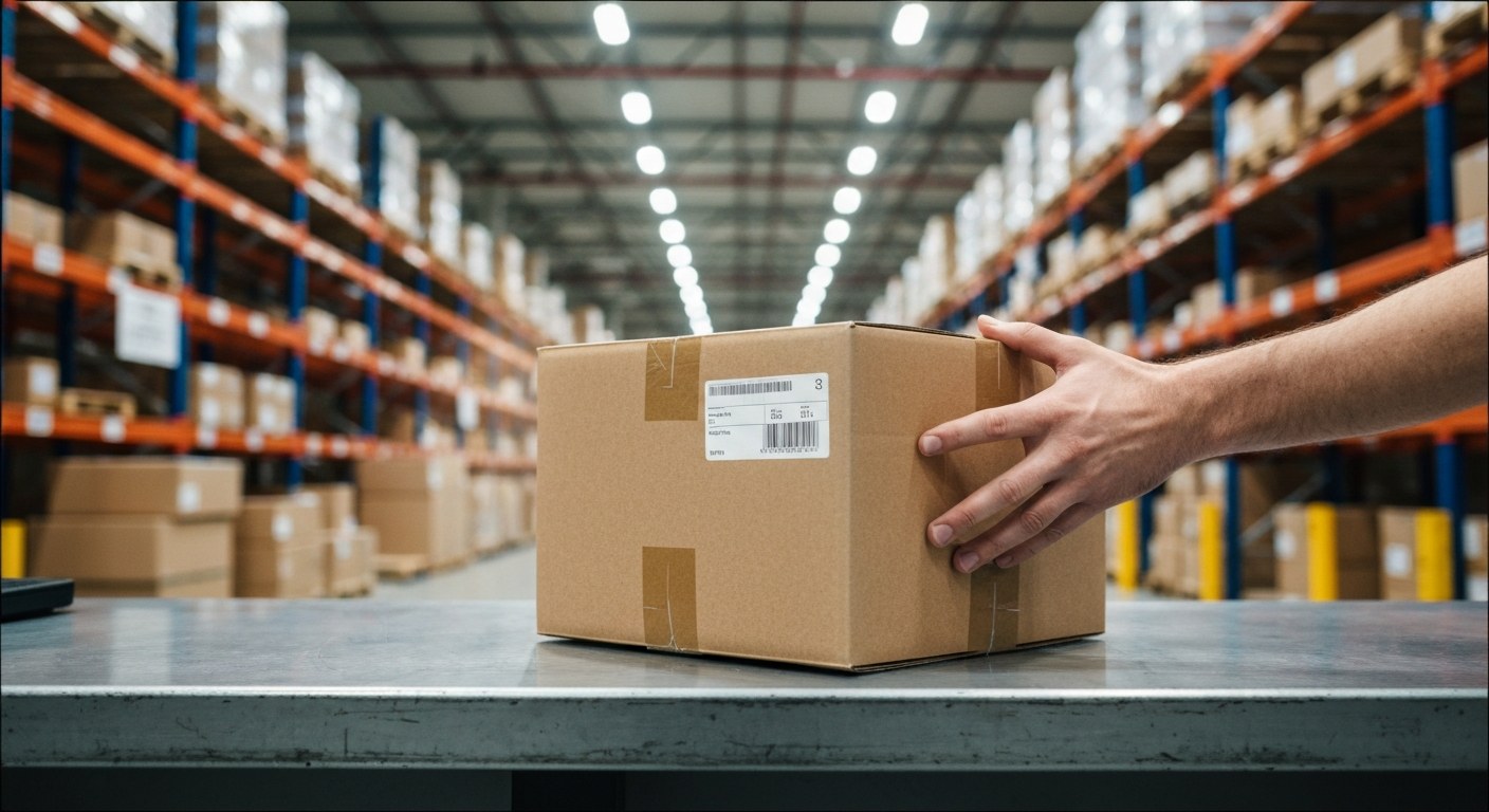 A brown cardboard package sitting on a metal counter in a large, organized modern warehouse facility.