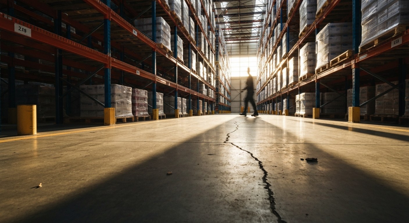 Optimizing Warehouse Picking Routes A wide view of a long warehouse aisle during golden hour with long shadows.